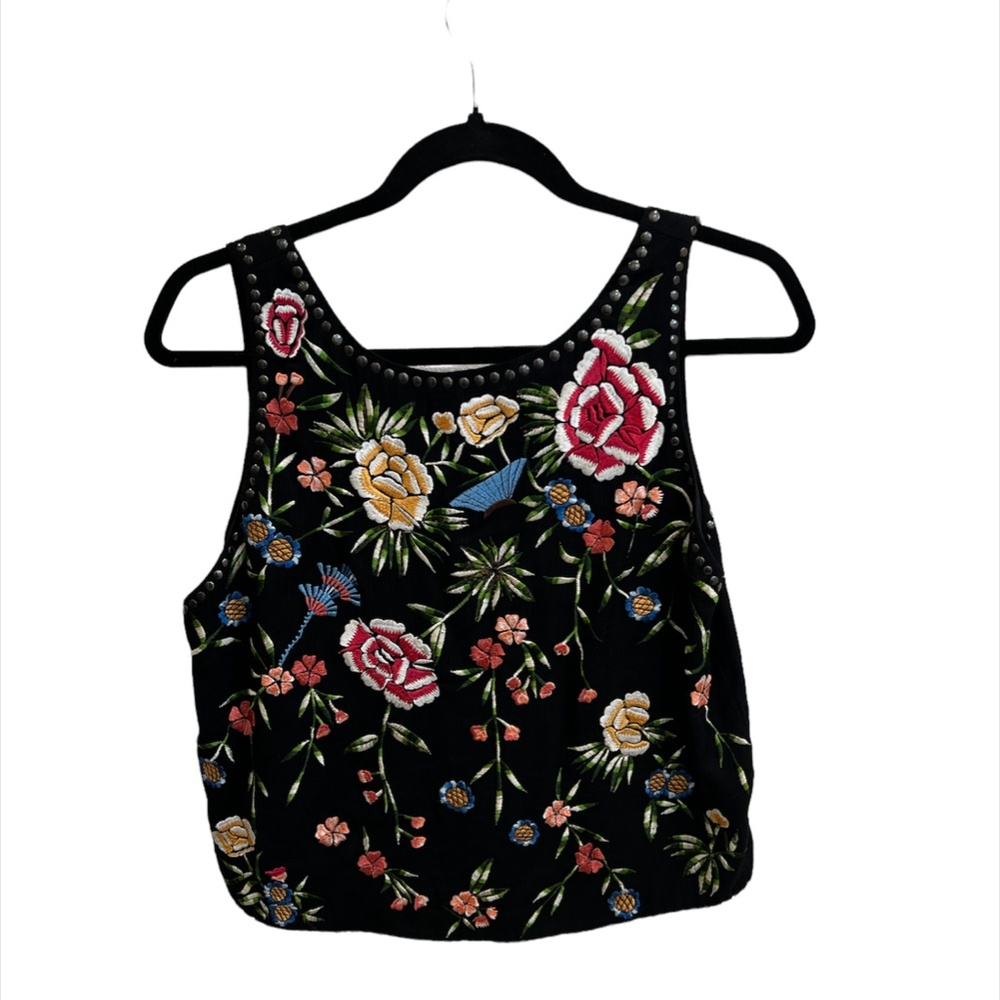 Alice + Olivia Black Floral Embroidered & Studded Zip Back Tank